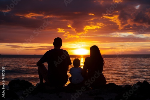 Family bonding and enjoying an idyllic sunset silhouette over the ocean. Creating a tranquil and peaceful atmosphere as they spend quality time together in the beauty of nature. Relaxation