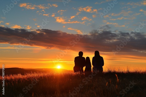 Silhouettes of a family sitting peacefully while watching a stunning sunset on the horizon