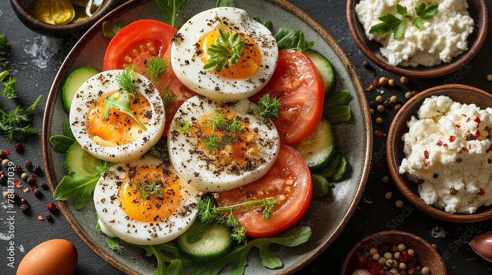 fried eggs with tomato and basil