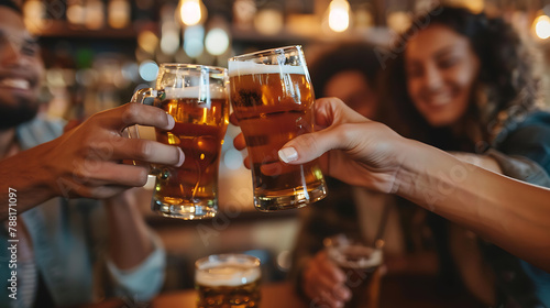Multiracial friends cheersing beer glasses at brewery pub restaurant - Group of young people enjoying happy hour drinking alcohol at bar table - Lifestyle  food and beverage concept.
