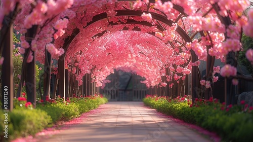 An entrance adorned with cherry blossom arches. AI generate illustration