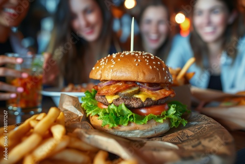 Close-up of a succulent burger with friends bonding in the background at a cozy neighborhood eatery