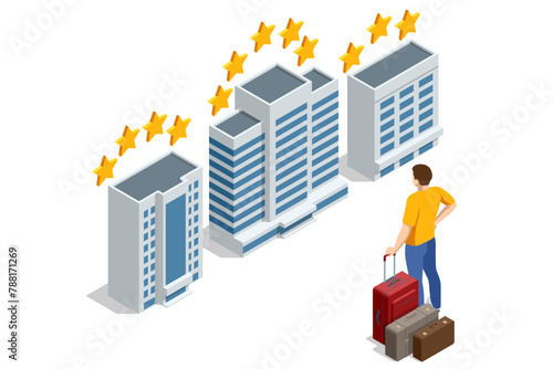 Isometric public hotel building exterior. Five, four, tree stars luxury Hotel service and accommodation. Online booking service. Accommodation rent, travel planning. Room reservation