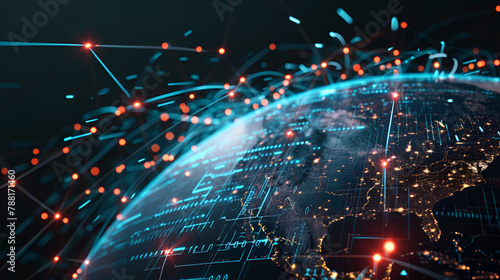 Communication technology with global internet network connected around the world. Telecommunication and data transfer international connection links. IoT, finance, business, blockchain, security. 