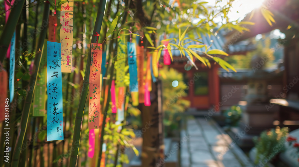 Tanabata, On the day of the holiday, bamboo branches are hung in front of the doors of houses and garden gates, to which long thin strips of paper are attached, on which various wishes are written Tanabata, On the day of the holiday, bamboo branches are hung in front of the doors of houses and garden gates, to which long thin strips of paper are attached, on which various wishes are written