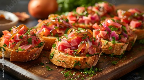Savory Serrano Ham Bruschetta with Sweet Onion Glaze. Concept Recipes, Appetizers, Serrano Ham, Bruschetta, Sweet Onion Glaze