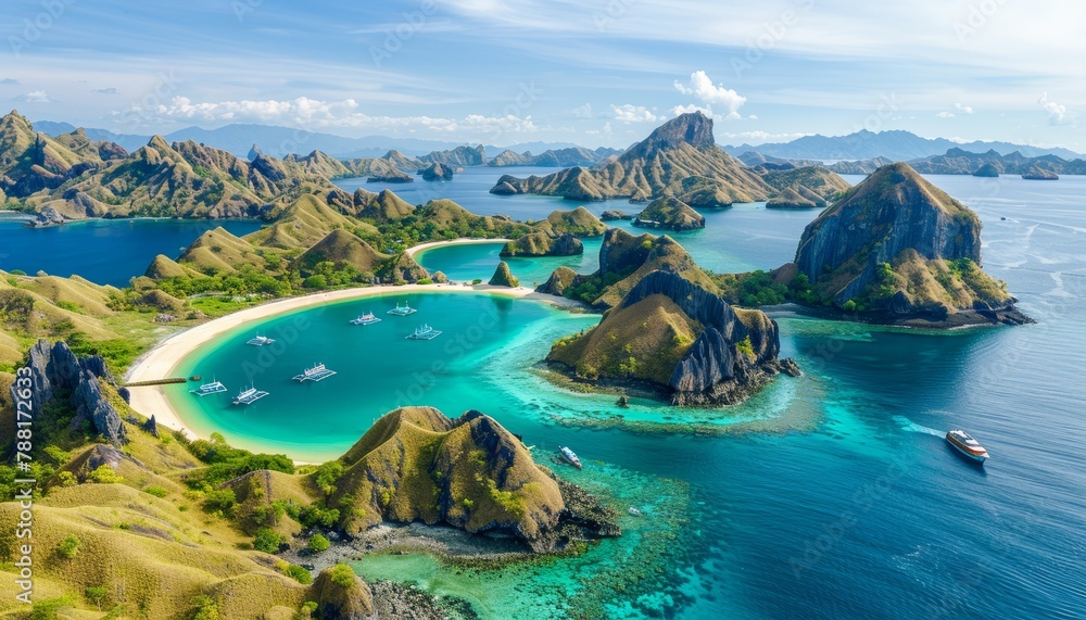 Fototapeta premium Scenic island with unique shape surrounded by sea panoramic view from mountain top at dawn