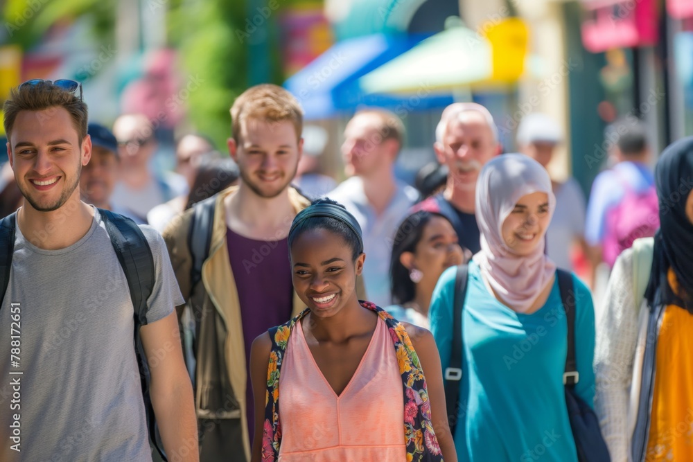 Group of smiling people of various ethnicities walking through a sunny city street