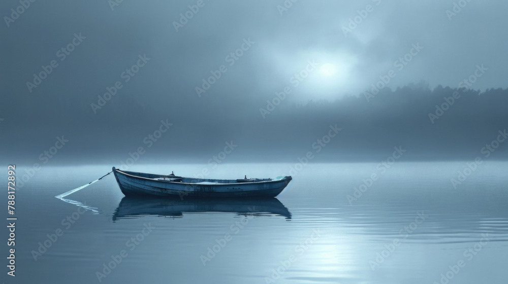 Beautiful landscape of a lake with a boat in the center. The water is calm and still, and the sky is foggy and gray. The only sound is the gentle lapping of the waves against the shore. Beautiful landscape of a lake with a boat in the center. The water is calm and still, and the sky is foggy and gray. The only sound is the gentle lapping of the waves against the shore.
