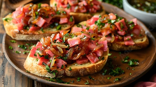 Savory Serrano Ham Toasts with Sweet Onion Drizzle. Concept Cooking Techniques, Gourmet Appetizers, Flavor Pairings, Recipe Ideas