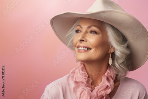 Portrait of a merry woman in her 60s wearing a rugged cowboy hat in front of pastel or soft colors background