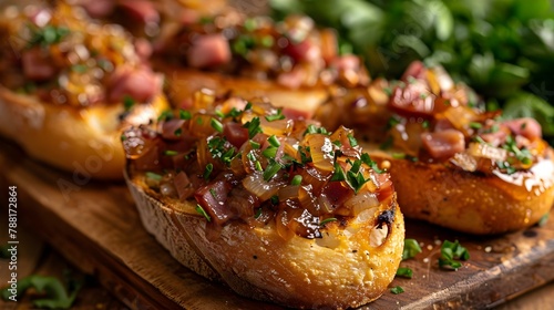 Savory Serrano Ham Bruschetta with Sweet Onion Glaze. Concept Serrano Ham, Bruschetta, Sweet Onion Glaze, Savory Appetizer, Gourmet Dish photo