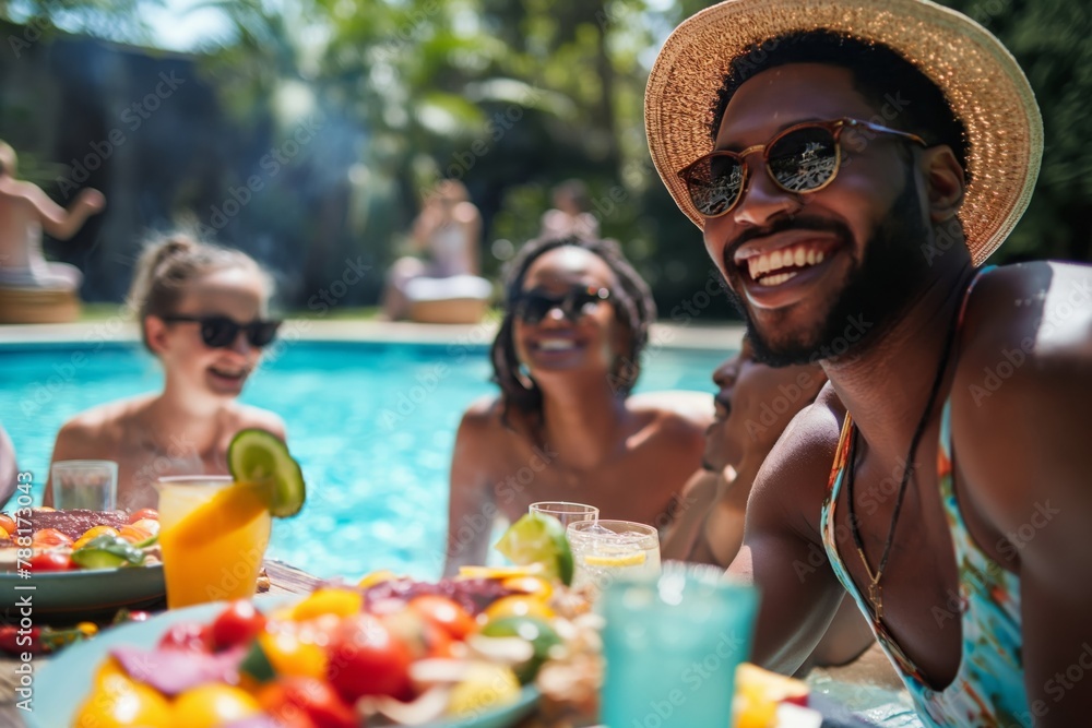 Diverse group of friends sharing laughs and drinks by the pool on a sunny day