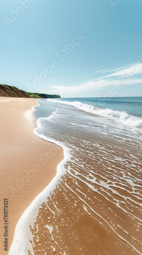 The beach background has a clear and soft blue sky, with smooth fine sand that is softly colored. The foreground of the picture shows a large area of beige fine sand, with undulating ripples on it. In