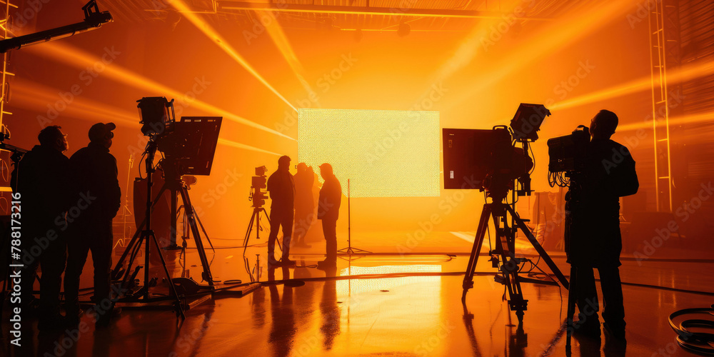 Fototapeta premium Film crew is working on a set. There are several people standing behind cameras and other equipment. There is a large screen in the background and a lot of smoke in the air.