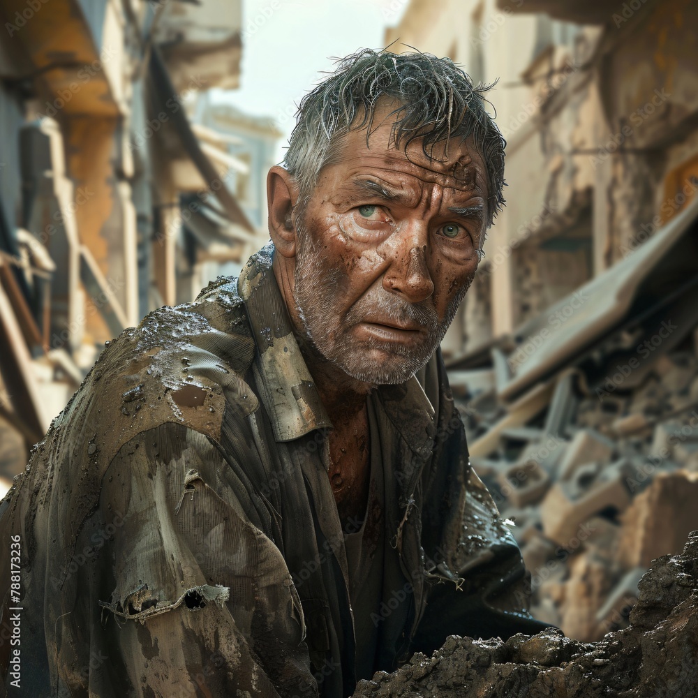 Highly realistic illustration of a refugee amidst the ruins of a war-torn city. Conveys the pain, despair, and resilience of the refugee against a backdrop of smoke, debris, and remnants. 