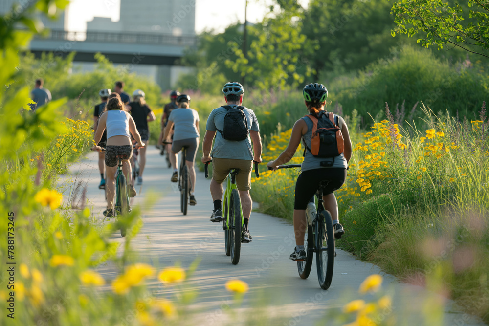 Obraz premium Diverse cyclists enjoy a ride on a picturesque bike path surrounded by nature