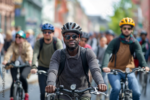 Diverse community of multi-ethnic cyclists enjoying a casual urban group ride through the city for healthy, active living and sustainable transportation