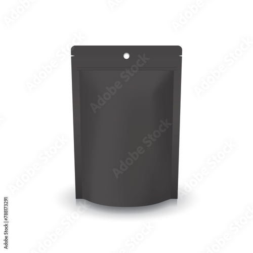 Matte black pouch bag with ziplock mockup. Blank black ziplock stand-up pouch with round hanging hole to display or use for food or healthy product. Isolated on white background. Vector illustration.