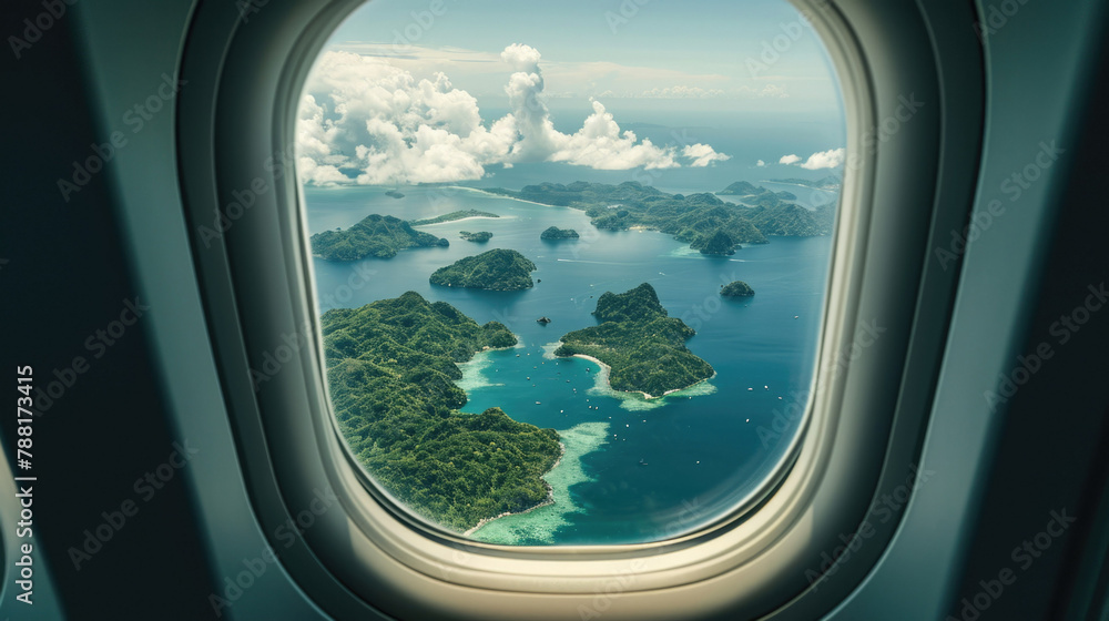 Fototapeta premium Islands in from an airplane window. The islands are covered in lush green vegetation and surrounded by crystal-clear blue water.
