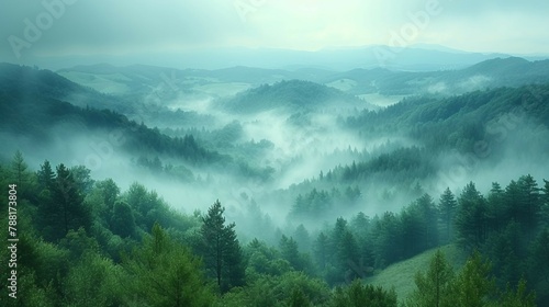 A mountain valley covered in a blanket of fog, adding an air of mystery to the landscape. AI generate illustration © PandaStockArt