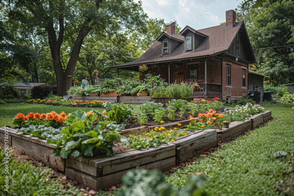 cozy countryside home surrounded by lush green garden and blooming flowers