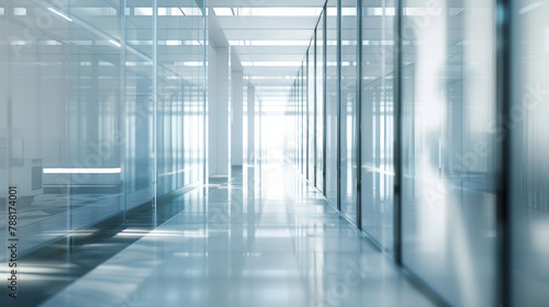 minimalistic blurred background of a corporate hallway with gentle lines of doors and lights.