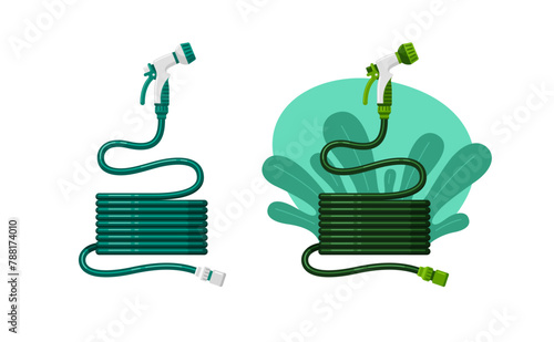 Garden hose for irrigate plants on leaves background. Green rubber hosepipe with spray nozzle, connector for pipes, rainwater tanks. Set of vector flat cartoon illustrations