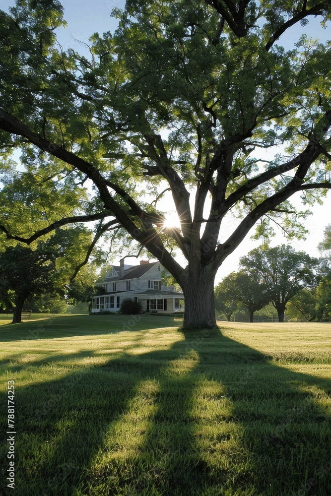 A large tree stands in the center of an open field, with sunlight filtering through its leaves A large tree stands in the center of an open field, with sunlight filtering through its leaves
