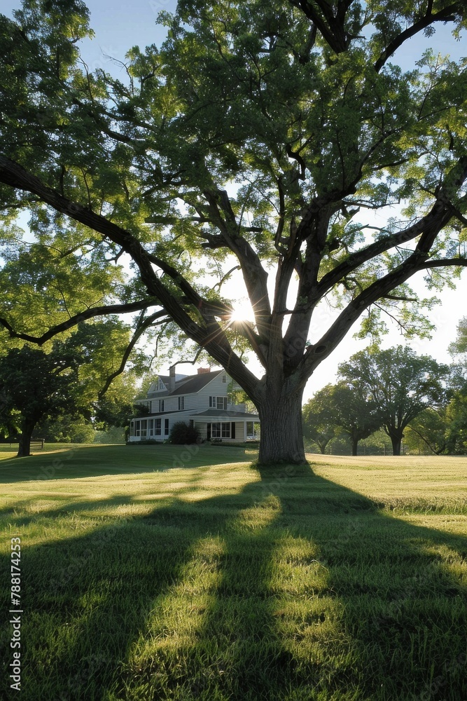 A large tree stands in the center of an open field, with sunlight filtering through its leaves