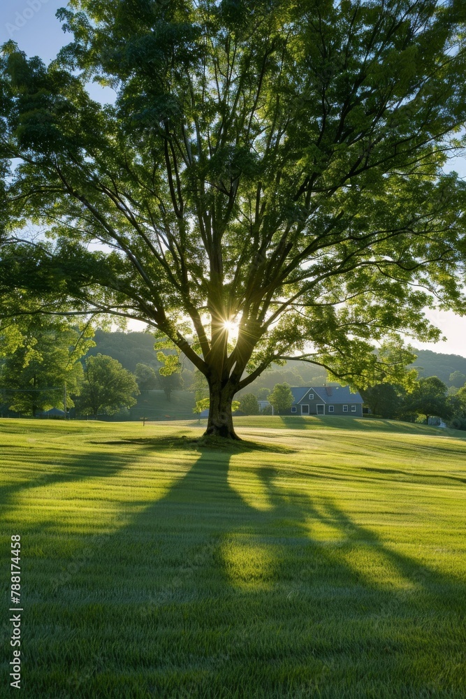 A large tree stands in the center of an open field, with sunlight filtering through its leaves 