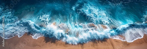 top view crashing waves on shoreline beach, tropical beach background, abstract aerial ocean view