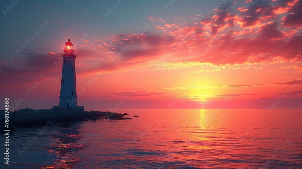 Silhouette of a lighthouse against the backdrop of a calm seascape. AI generate illustration