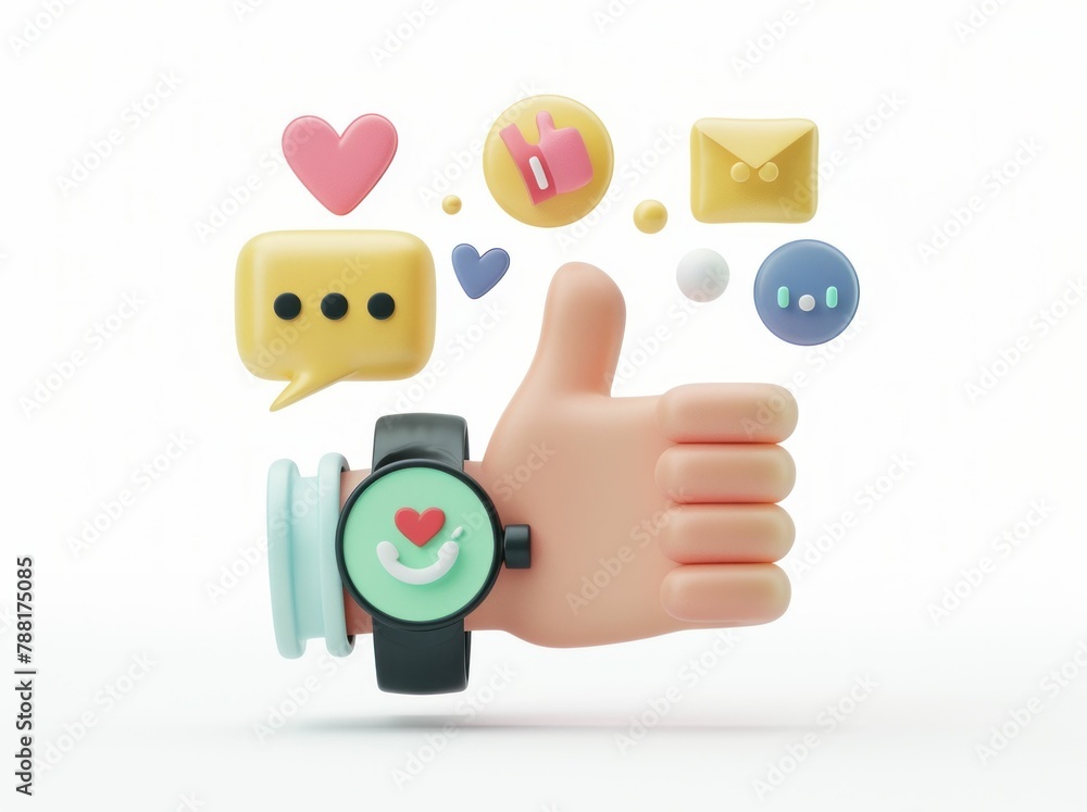 Hand with smart watch and social media icons on screen, technology and social networking concept Hand with smart watch and social media icons on screen, technology and social networking concept