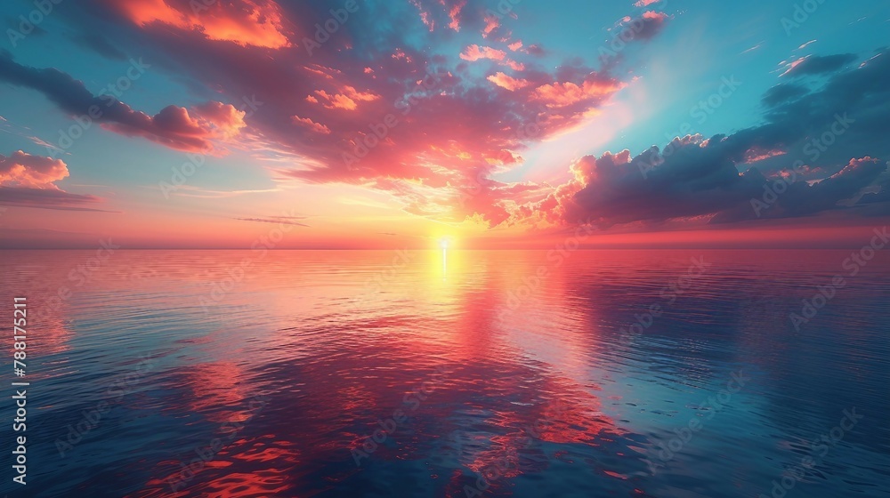 Seascape during sunset with reflections of the colorful sky. AI generate illustration - obrazy, fototapety, plakaty 