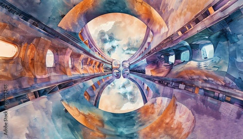 Craft a minimalist watercolor masterpiece featuring a mesmerizing worms-eye view of a futuristic virtual reality landscape, adding depth with unexpected camera angles photo