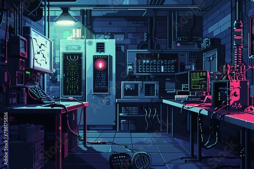 Create a spine-chilling scene of a technological experiment gone wrong in a laboratory with pixel art, emphasizing the unknowable horrors