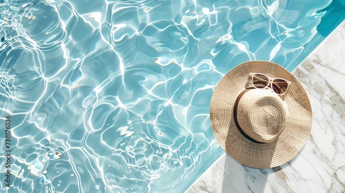 A minimalistic fashion aesthetic scene featuring sunglasses and a straw hat beside a marble swimming pool with clear blue water, highlighted by wave patterns and light reflections photo