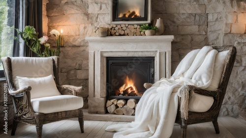 Fluffy bathrobes artfully arranged on a plush armchair beside a crackling fireplace, evoking warmth and intimacy in the honeymoon suite. © Em Toqeer