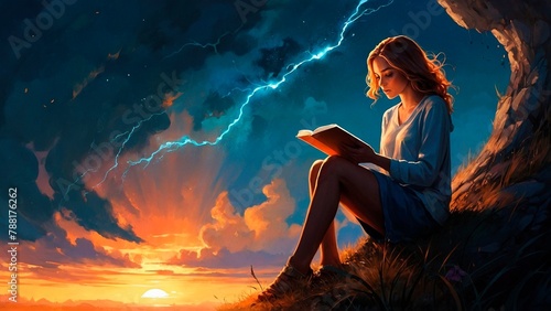 Attractive beautiful blonde young women sitting and reading a book surrounded by surreal fantasy cloudscape and sunset sunrise. Fantastic clouds and sunlight knowledge illustration wallpaper.