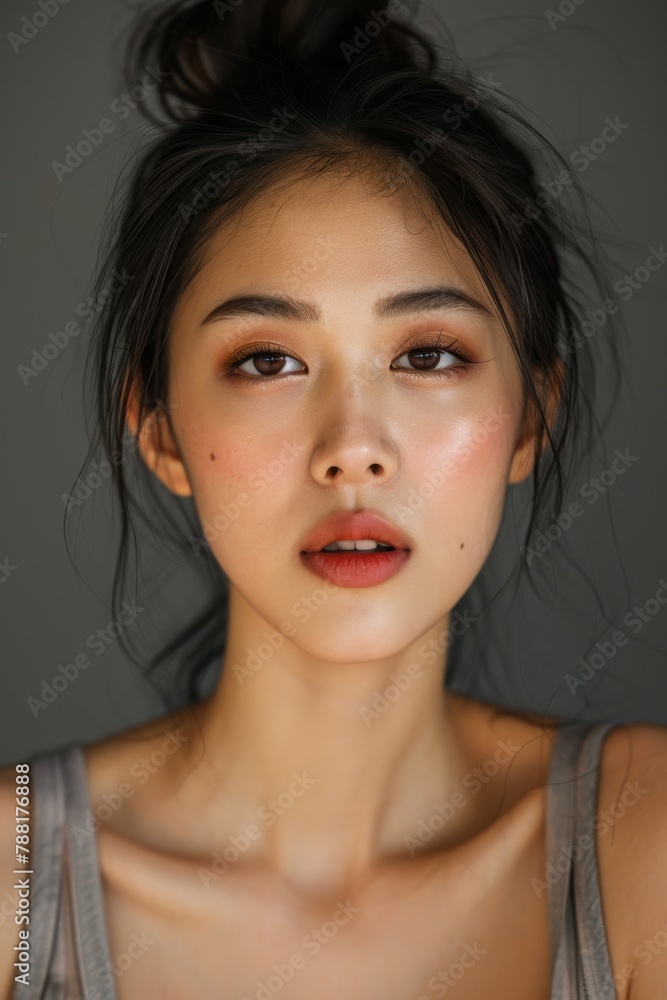 beautiful young asian woman, 25 yo, gray background, beautiful young asian woman, 25 yo, gray background,