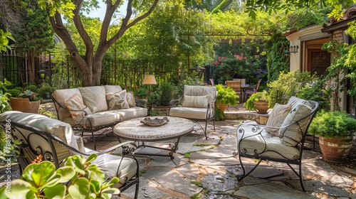 A serene and charming garden patio setting complete with cozy outdoor furniture and accent pillows, creating a relaxing ambiance