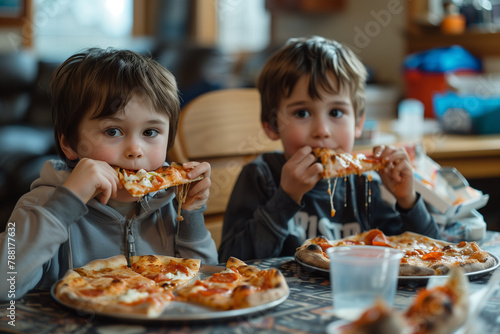 Two Young Boys Eating Pizza at a Table