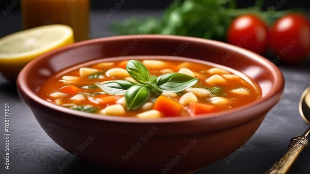 minestrone soup decorated basil leaf. Vegetarian soup dish is on wooden table. Vegetarian healthy meal for dinner. Ready vegetable meal for lunch, hot and cozy soup for dinner at home minestrone soup decorated basil leaf. Vegetarian soup dish is on wooden table. Vegetarian healthy meal for dinner. Ready vegetable meal for lunch, hot and cozy soup for dinner at home