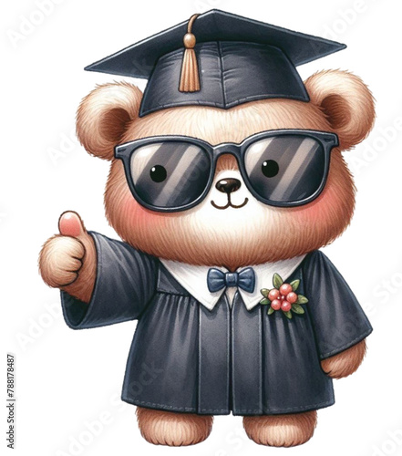 bear graduation gown raises his hand to like clipart watercolor