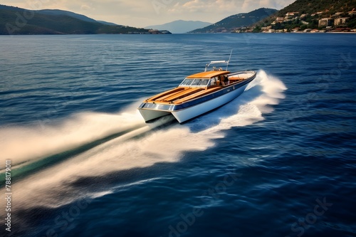 Aerial view of luxury speedboat floating on the sea