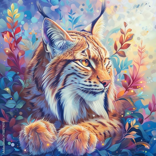 A captivating being combining the regal features of a lynx and the playful demeanor of a cat  surrounded by a pastel canvas illuminated by vibrant hues   high detailed