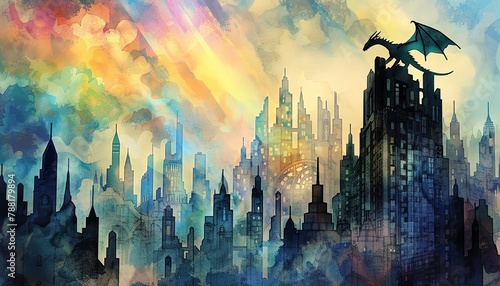Watercolor painting featuring a dragon perched atop a skyscraper, overlooking a dreamlike city engulfed in a mystical twilight, casting shadows with a rainbow aura
