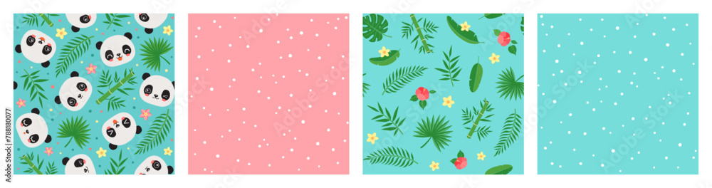 Cute tropical seamless pattern set with panda kids collection. Adorable repeat design with kawaii animal. Bamboo leaves, monstera and fan palm leaf. Summer pattern for textile fabric or paper print. Cute tropical seamless pattern set with panda kids collection. Adorable repeat design with kawaii animal. Bamboo leaves, monstera and fan palm leaf. Summer pattern for textile fabric or paper print.