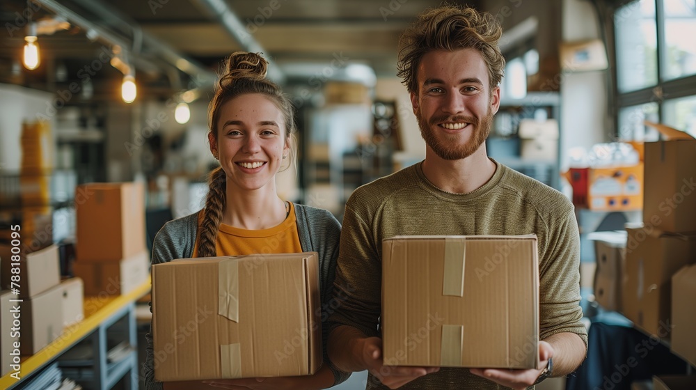 Man and Woman Holding Boxes in Warehouse Man and Woman Holding Boxes in Warehouse